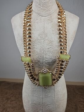 Bansri New Gold-Tone Multi-Strand Necklace Jade Cabochons Statement Necklace